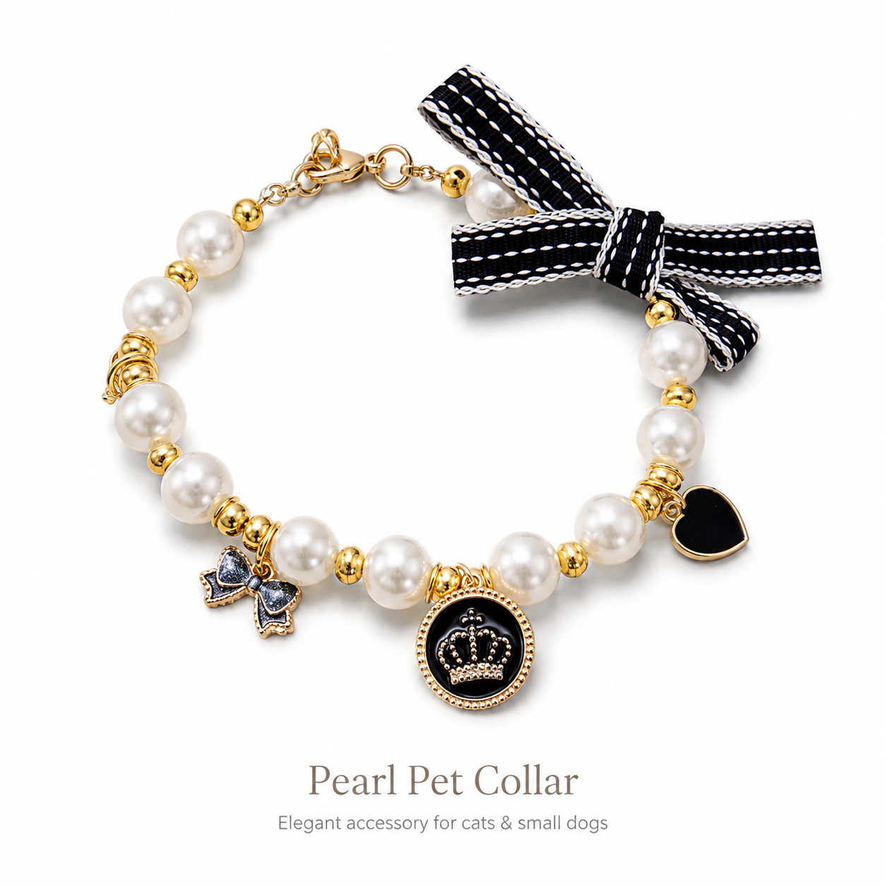 Adjustable Pearl Pet Collar Elegant Bow Crown Charm Jewelry for Cats & Small Dogs