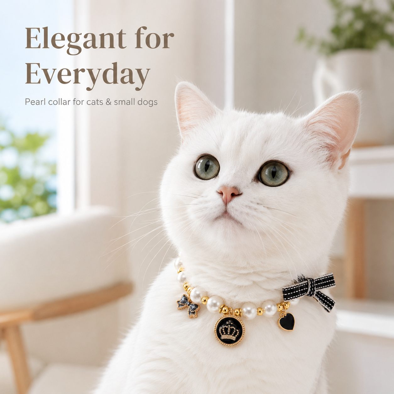 Adjustable Pearl Pet Collar Elegant Bow Crown Charm Jewelry for Cats & Small Dogs