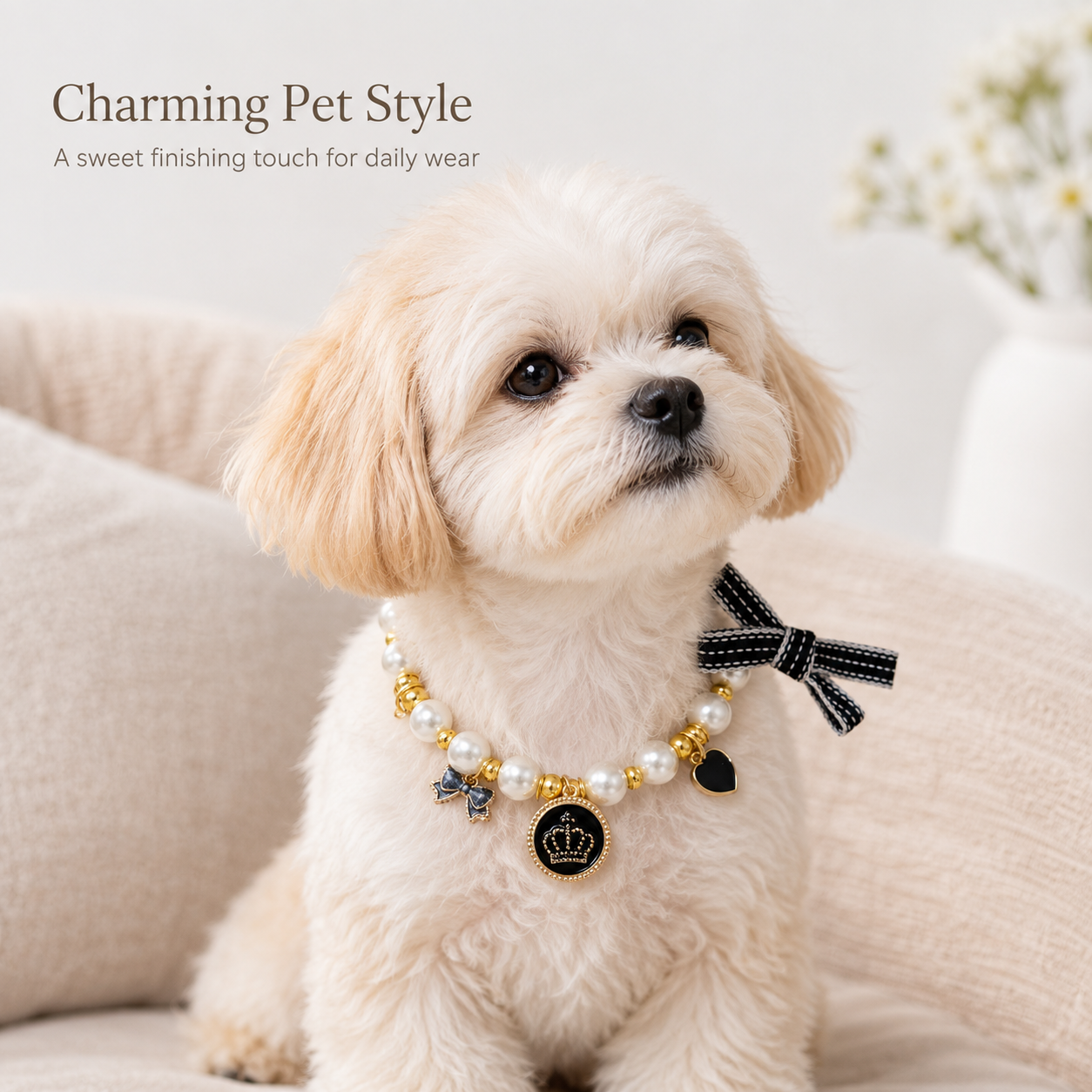 Adjustable Pearl Pet Collar Elegant Bow Crown Charm Jewelry for Cats & Small Dogs
