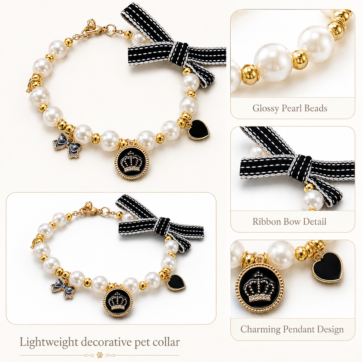 Adjustable Pearl Pet Collar Elegant Bow Crown Charm Jewelry for Cats & Small Dogs