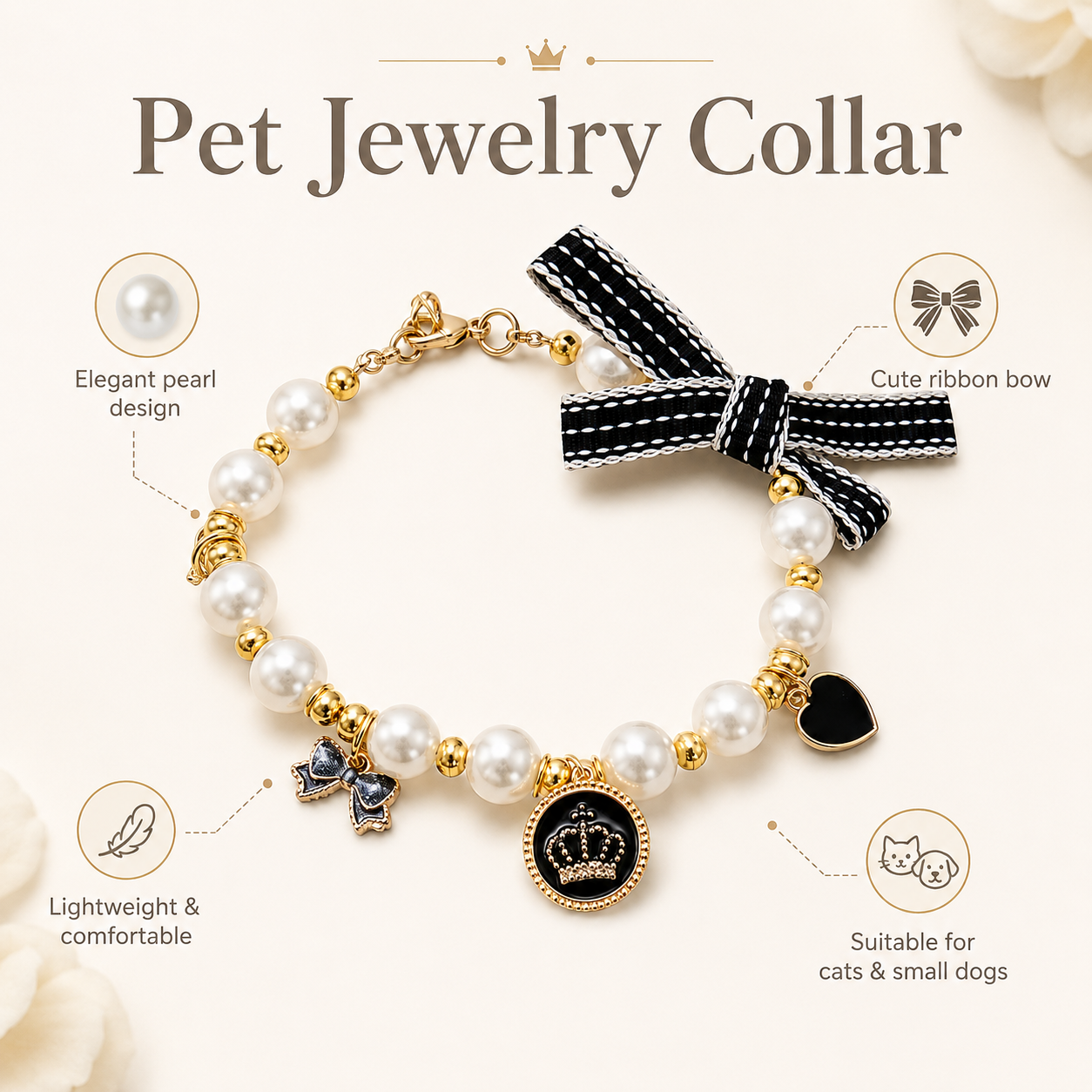 Adjustable Pearl Pet Collar Elegant Bow Crown Charm Jewelry for Cats & Small Dogs