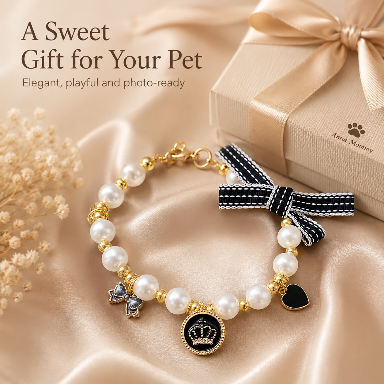 Adjustable Pearl Pet Collar Elegant Bow Crown Charm Jewelry for Cats & Small Dogs