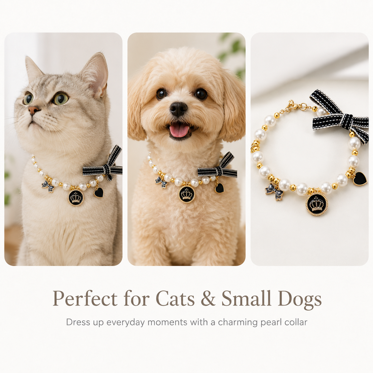 Adjustable Pearl Pet Collar Elegant Bow Crown Charm Jewelry for Cats & Small Dogs