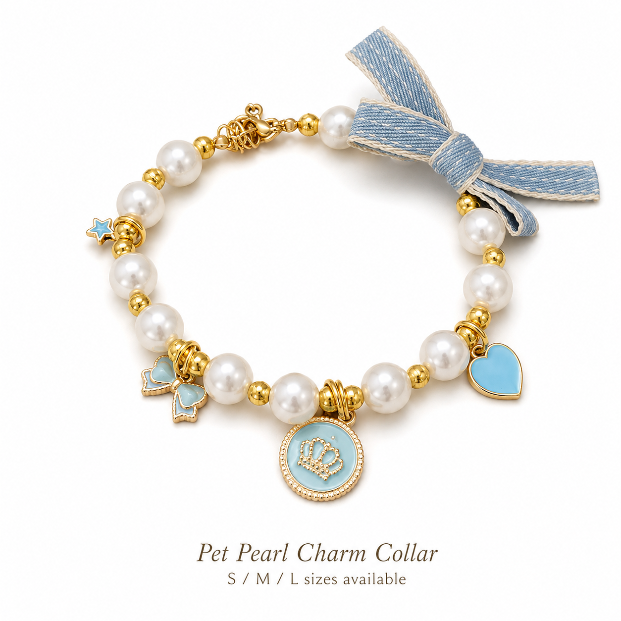 Adjustable Light‑Blue Pearl Pet Collar Bow Crown Charms Jewelry for Cats & Small Dogs