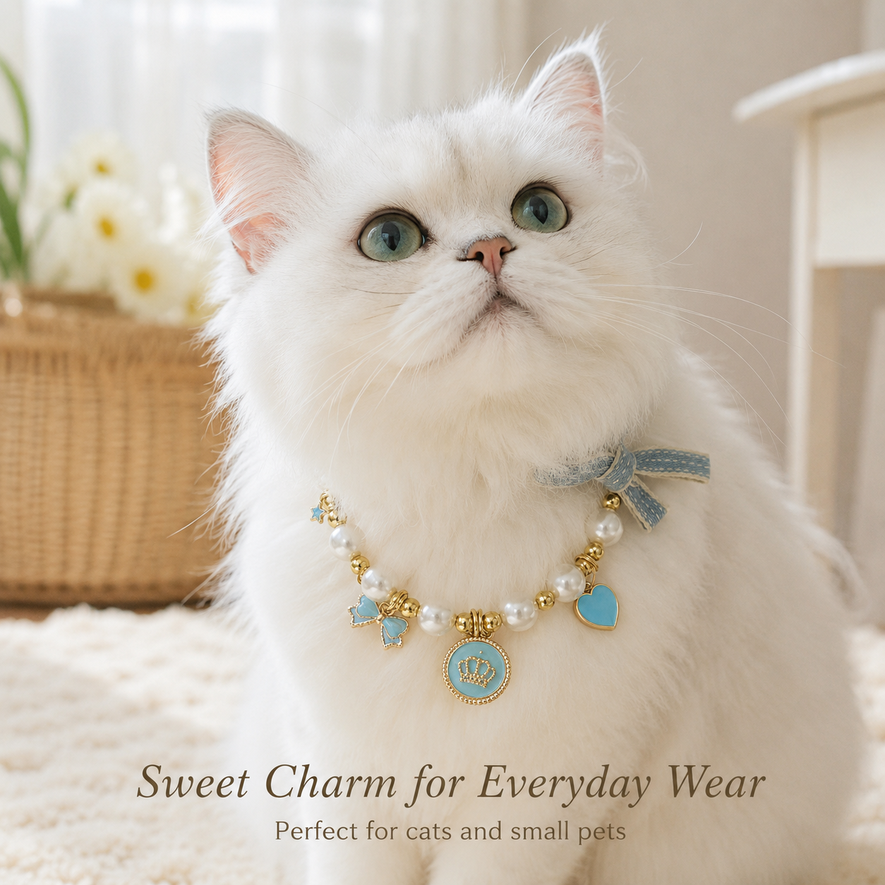 Adjustable Light‑Blue Pearl Pet Collar Bow Crown Charms Jewelry for Cats & Small Dogs