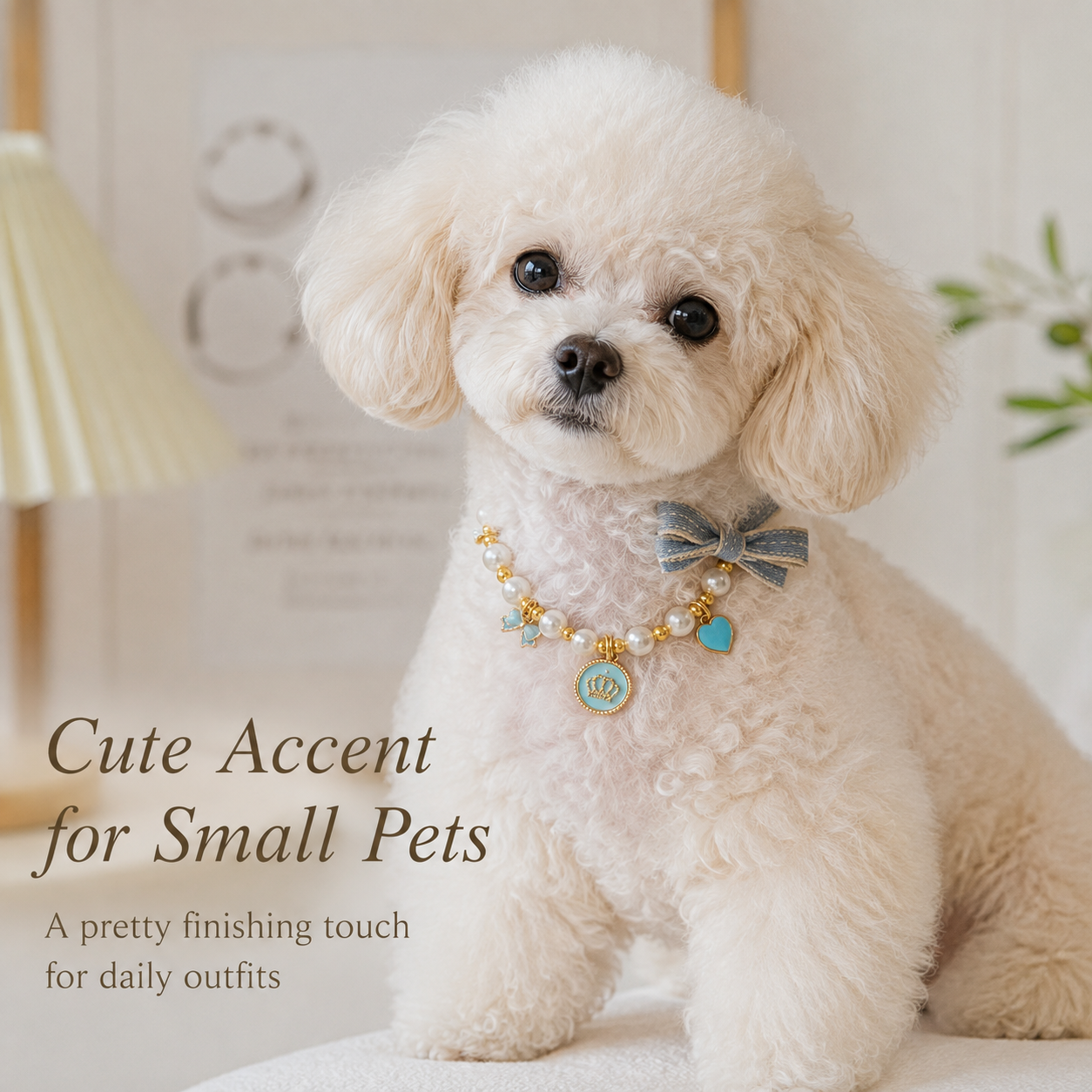 Adjustable Light‑Blue Pearl Pet Collar Bow Crown Charms Jewelry for Cats & Small Dogs
