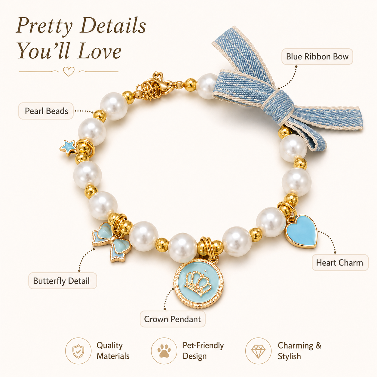 Adjustable Light‑Blue Pearl Pet Collar Bow Crown Charms Jewelry for Cats & Small Dogs