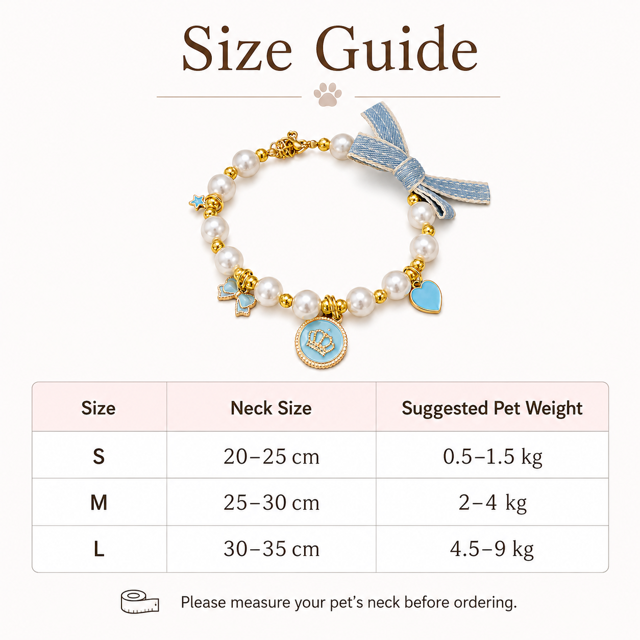 Adjustable Light‑Blue Pearl Pet Collar Bow Crown Charms Jewelry for Cats & Small Dogs