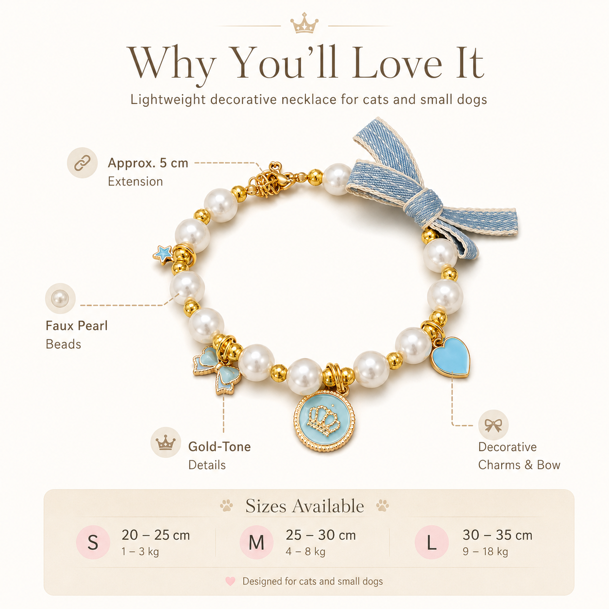 Adjustable Light‑Blue Pearl Pet Collar Bow Crown Charms Jewelry for Cats & Small Dogs