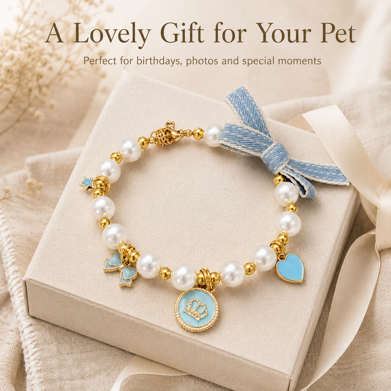 Adjustable Light‑Blue Pearl Pet Collar Bow Crown Charms Jewelry for Cats & Small Dogs