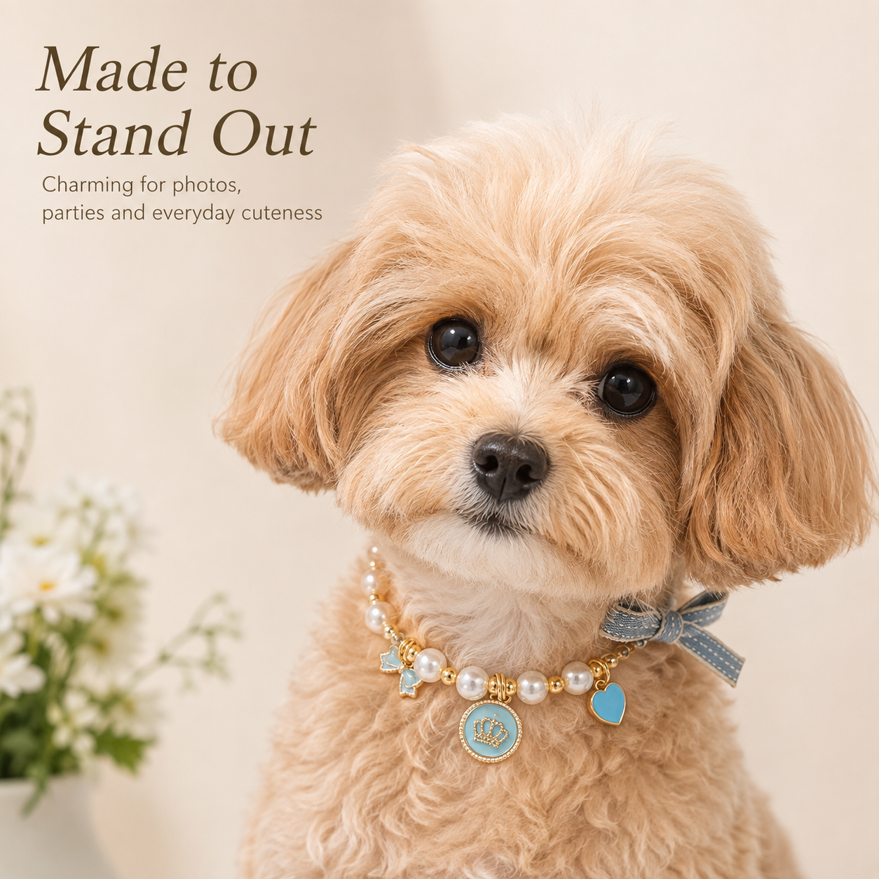 Adjustable Light‑Blue Pearl Pet Collar Bow Crown Charms Jewelry for Cats & Small Dogs