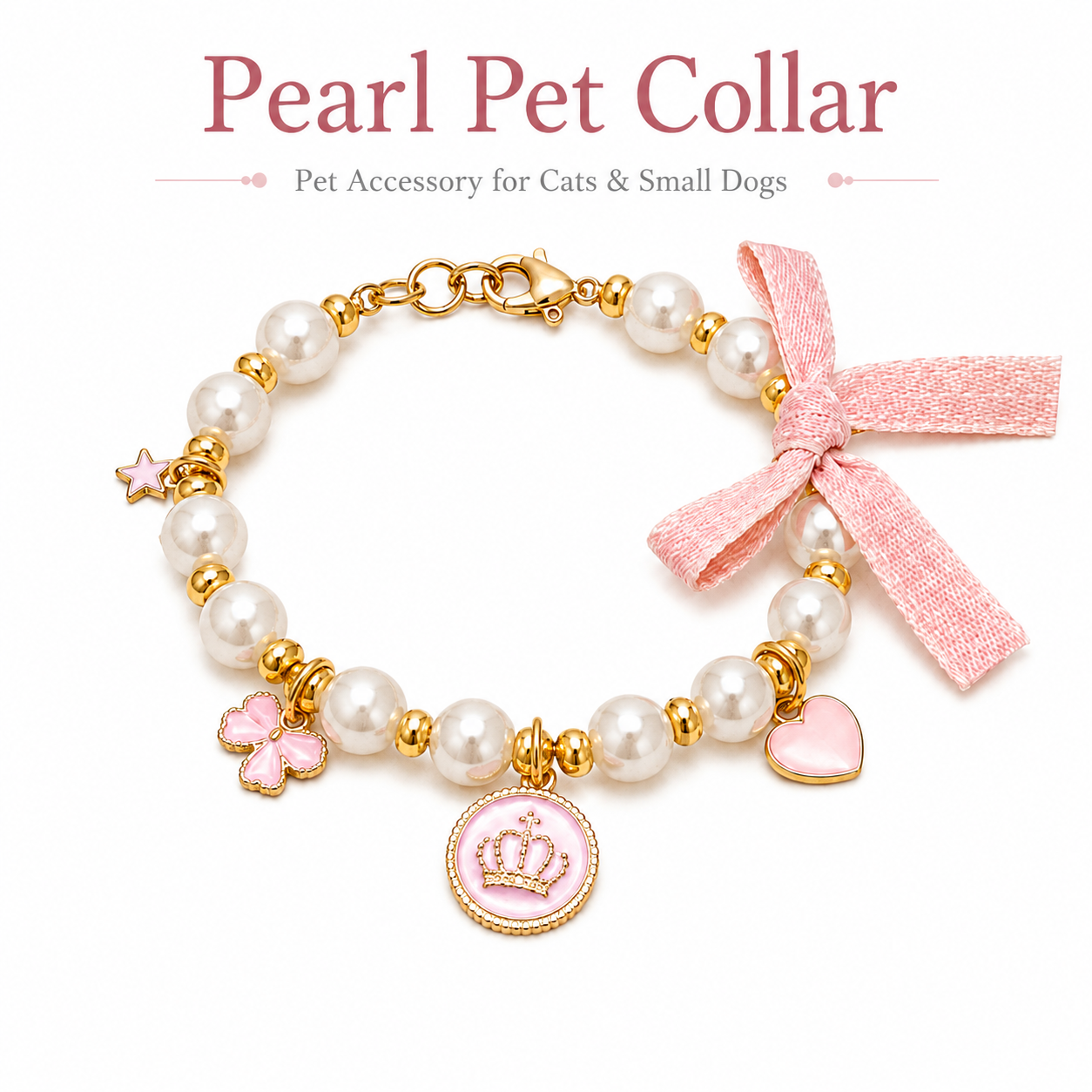 Adjustable Pink Pearl Pet Collar Bow Crown Charms Jewelry for Cats & Small Dogs