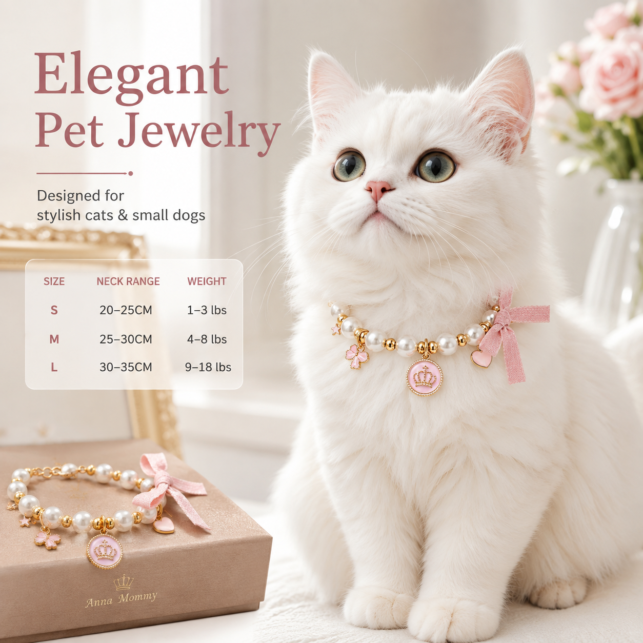 Adjustable Pink Pearl Pet Collar Bow Crown Charms Jewelry for Cats & Small Dogs