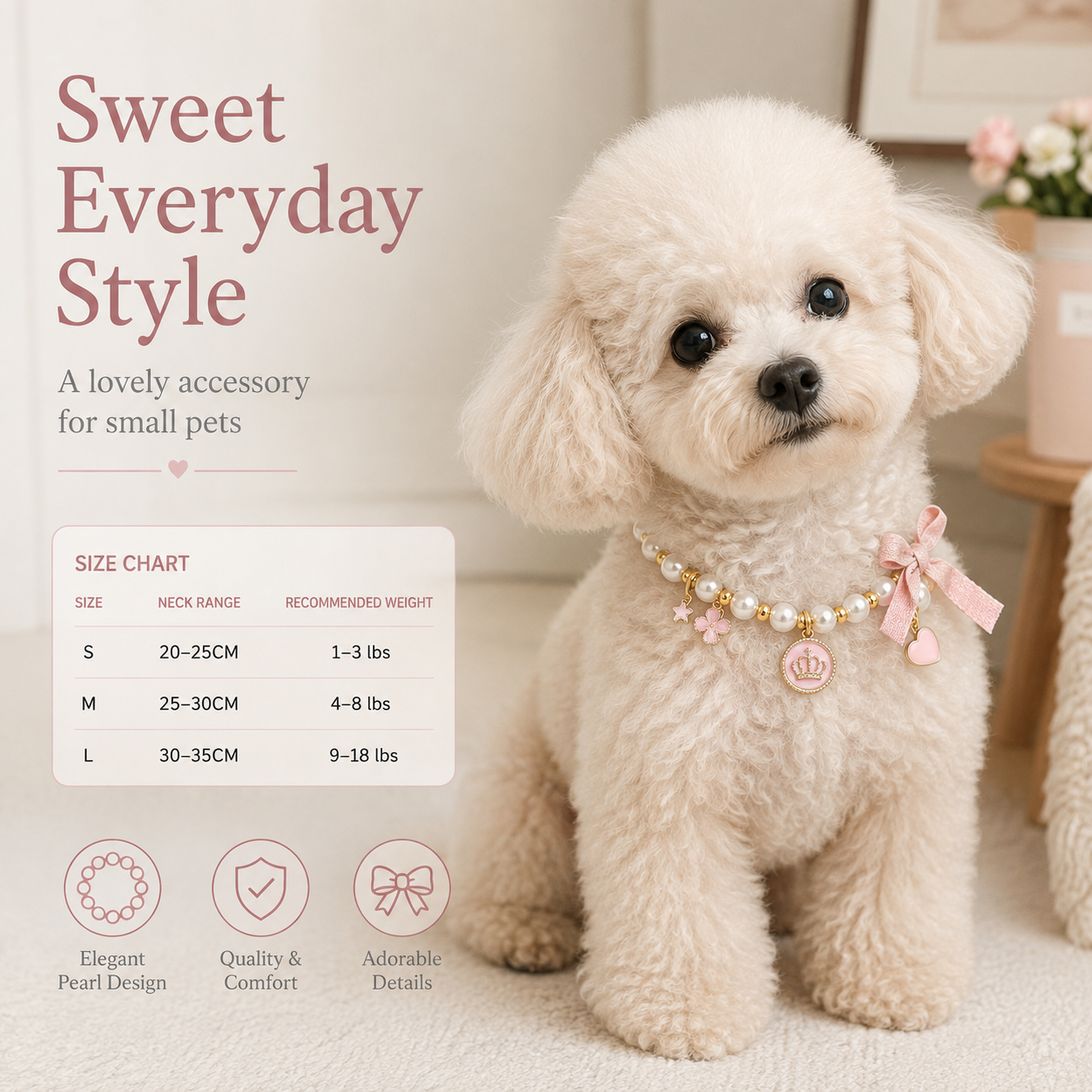 Adjustable Pink Pearl Pet Collar Bow Crown Charms Jewelry for Cats & Small Dogs