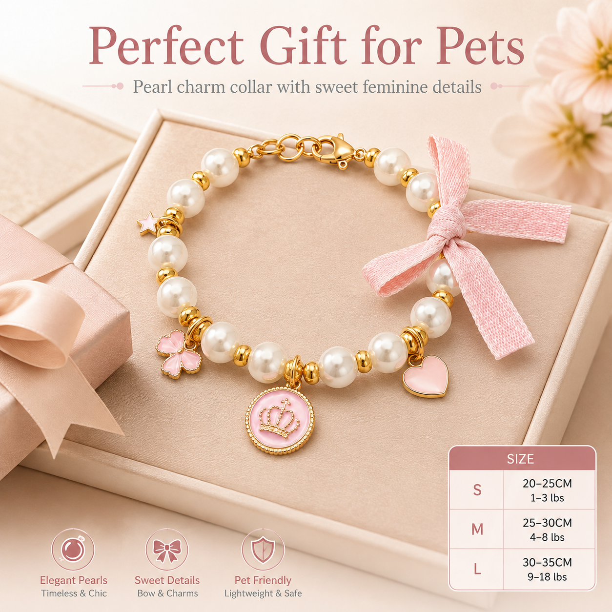 Adjustable Pink Pearl Pet Collar Bow Crown Charms Jewelry for Cats & Small Dogs