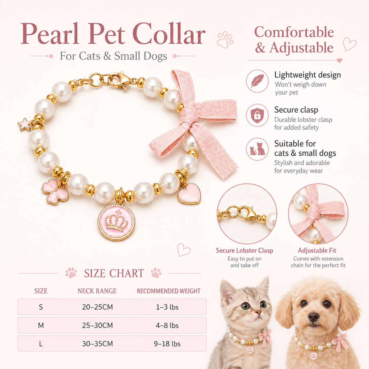Adjustable Pink Pearl Pet Collar Bow Crown Charms Jewelry for Cats & Small Dogs