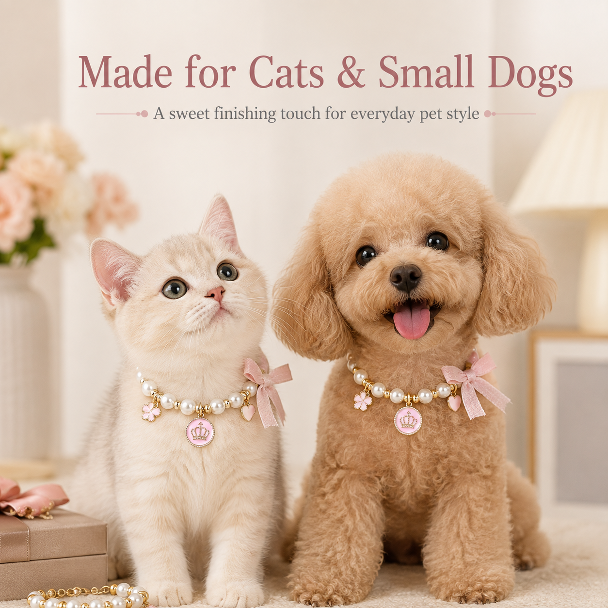 Adjustable Pink Pearl Pet Collar Bow Crown Charms Jewelry for Cats & Small Dogs
