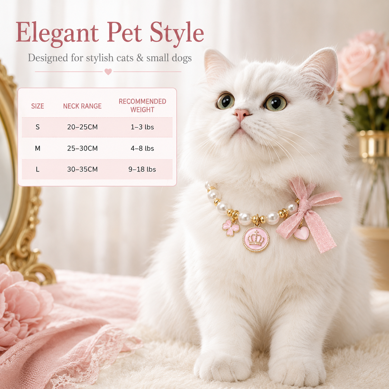 Adjustable Pink Pearl Pet Collar Bow Crown Charms Jewelry for Cats & Small Dogs