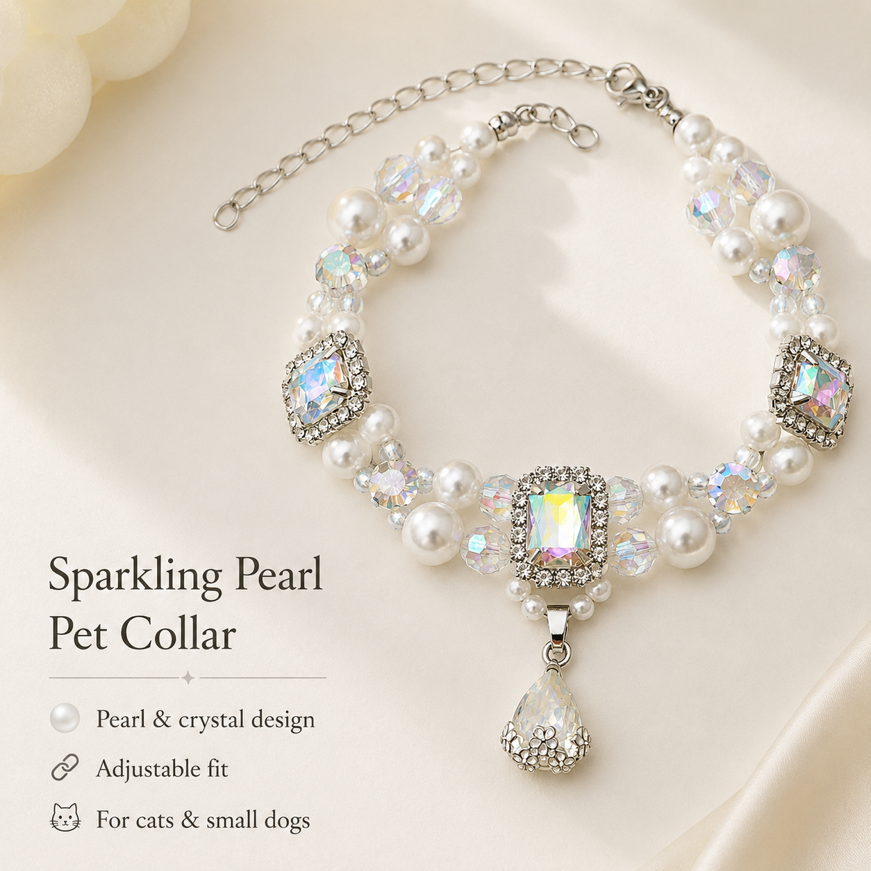 Adjustable Luxury Crystal Pearl Pet Collar Bling Rhinestone Jewelry for Cats & Small Dogs