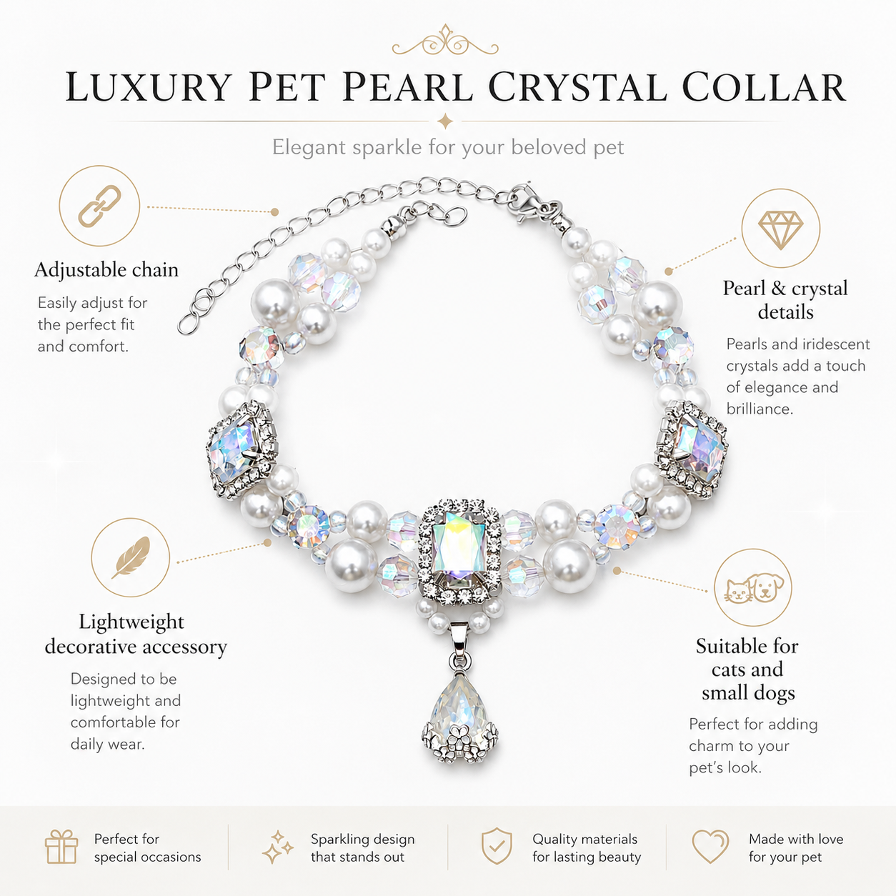 Adjustable Luxury Crystal Pearl Pet Collar Bling Rhinestone Jewelry for Cats & Small Dogs