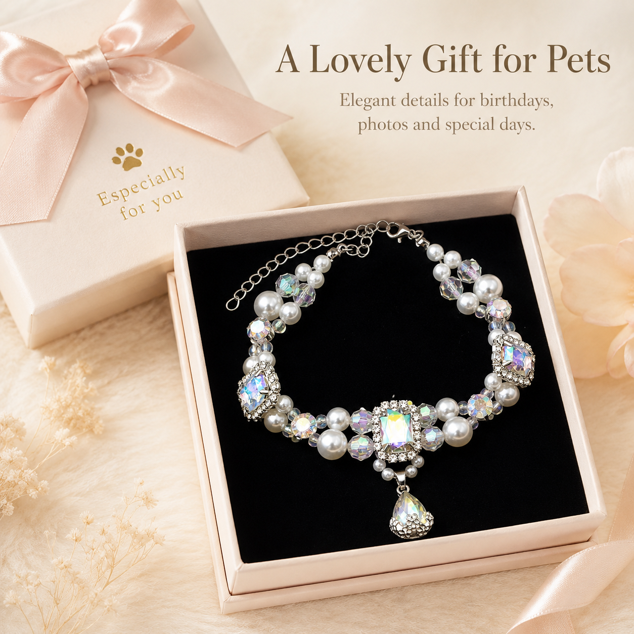Adjustable Luxury Crystal Pearl Pet Collar Bling Rhinestone Jewelry for Cats & Small Dogs