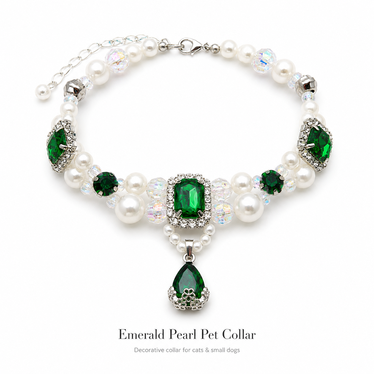 Adjustable Luxury Emerald Pearl Pet Collar Bling Rhinestone Jewelry for Cats & Small Dogs
