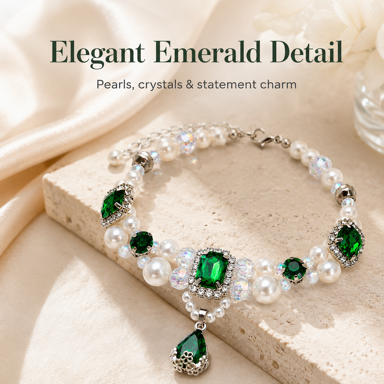 Adjustable Luxury Emerald Pearl Pet Collar Bling Rhinestone Jewelry for Cats & Small Dogs