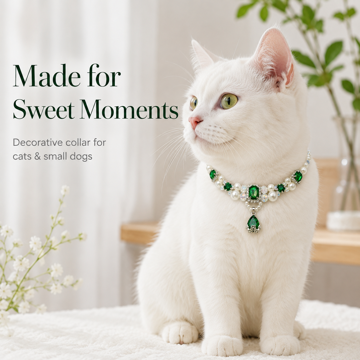 Adjustable Luxury Emerald Pearl Pet Collar Bling Rhinestone Jewelry for Cats & Small Dogs