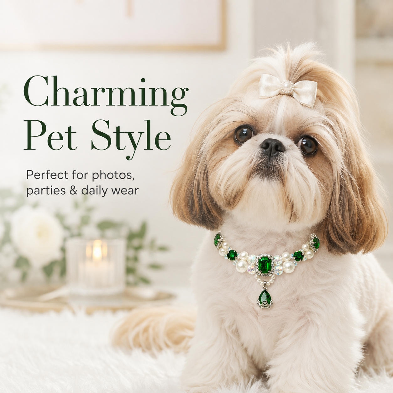 Adjustable Luxury Emerald Pearl Pet Collar Bling Rhinestone Jewelry for Cats & Small Dogs