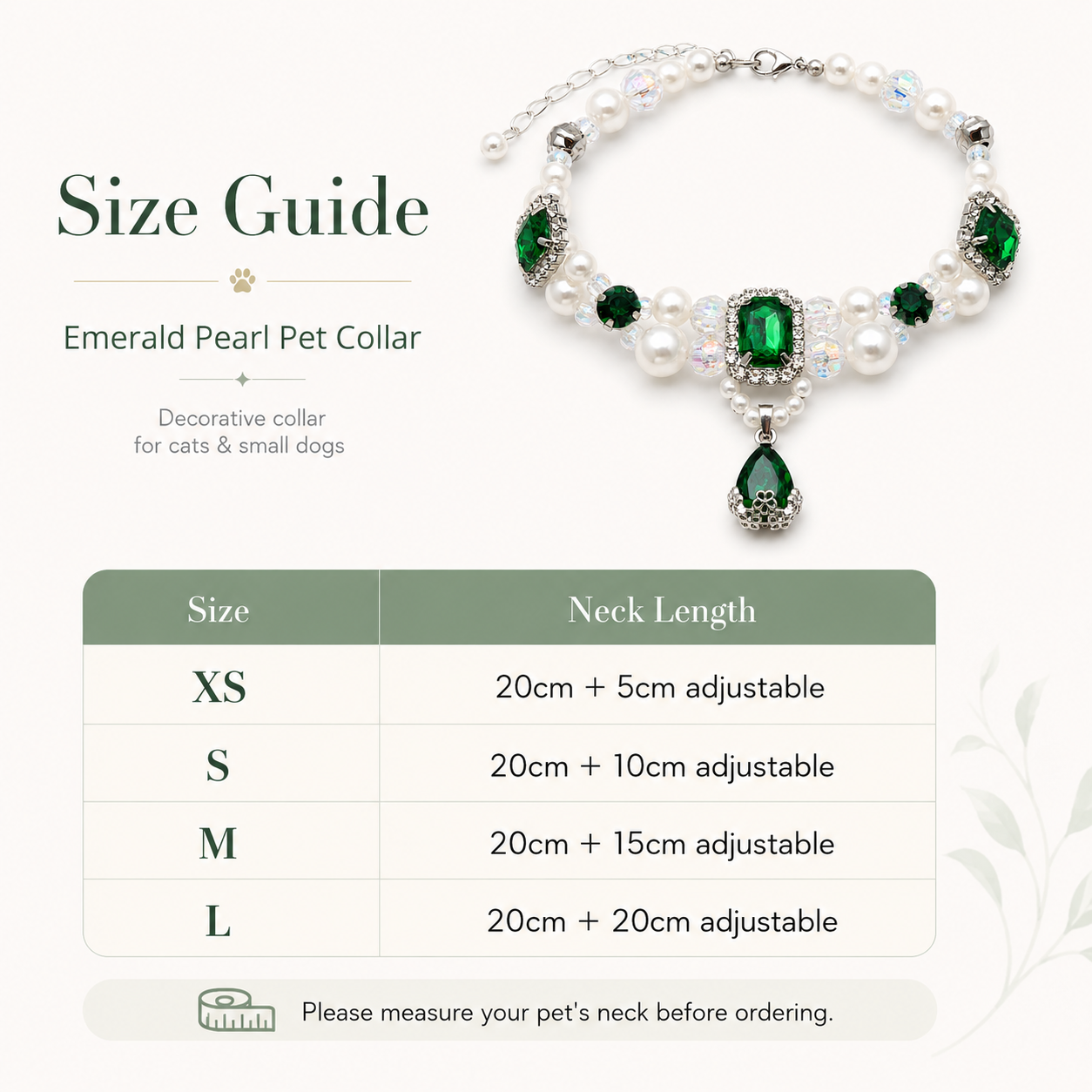 Adjustable Luxury Emerald Pearl Pet Collar Bling Rhinestone Jewelry for Cats & Small Dogs