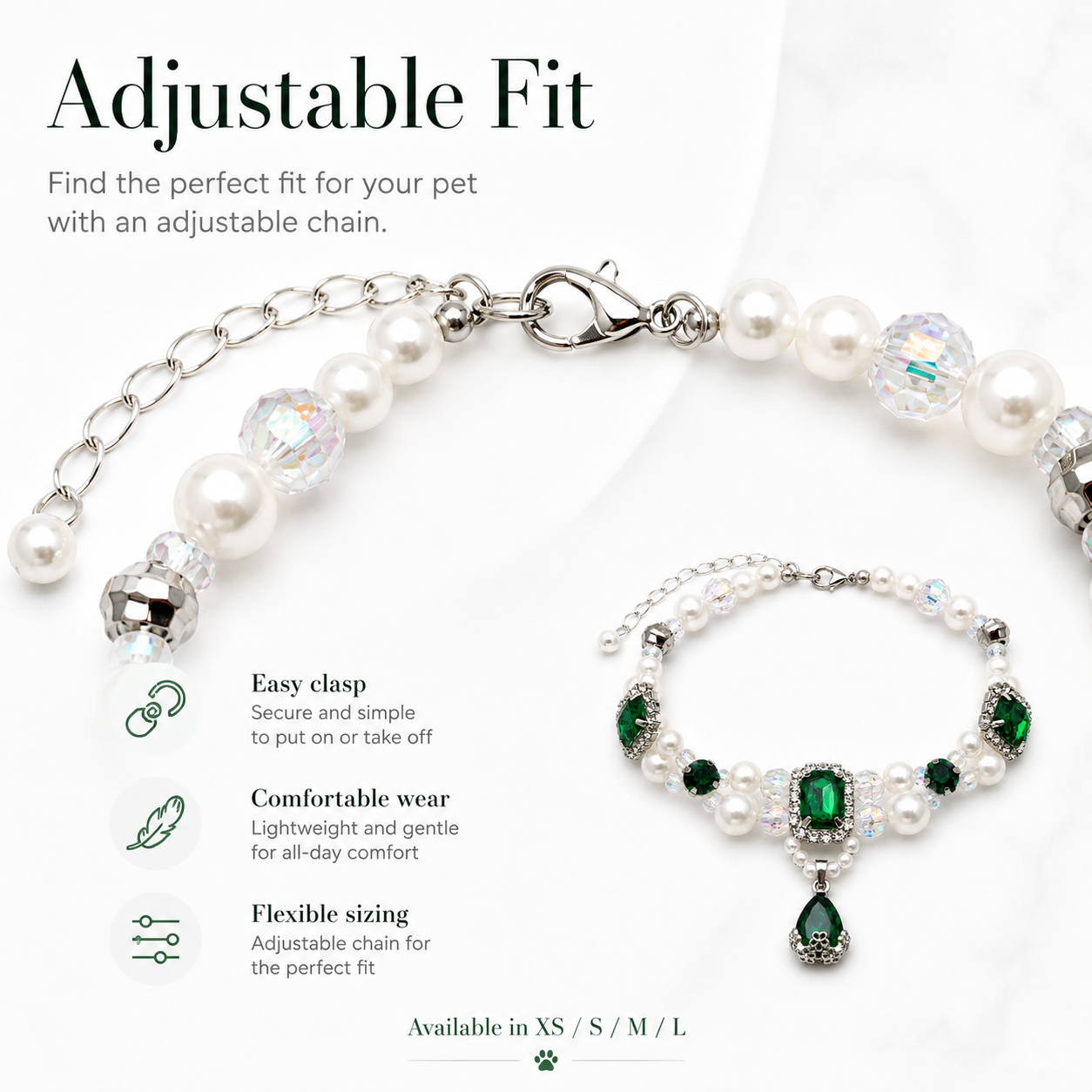 Adjustable Luxury Emerald Pearl Pet Collar Bling Rhinestone Jewelry for Cats & Small Dogs