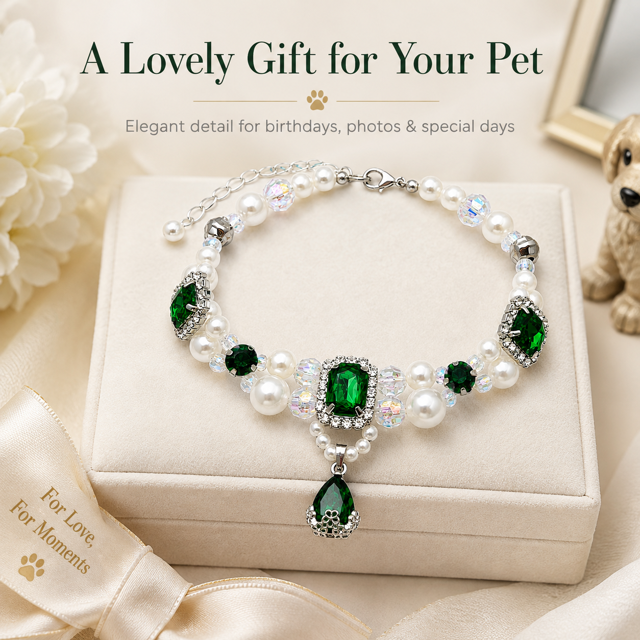 Adjustable Luxury Emerald Pearl Pet Collar Bling Rhinestone Jewelry for Cats & Small Dogs