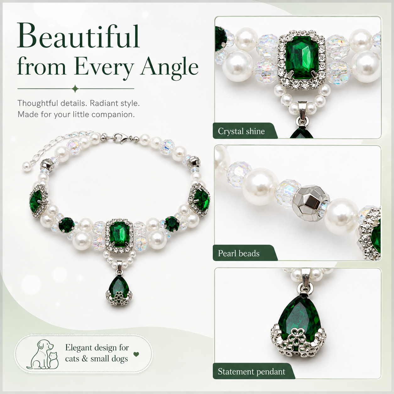 Adjustable Luxury Emerald Pearl Pet Collar Bling Rhinestone Jewelry for Cats & Small Dogs