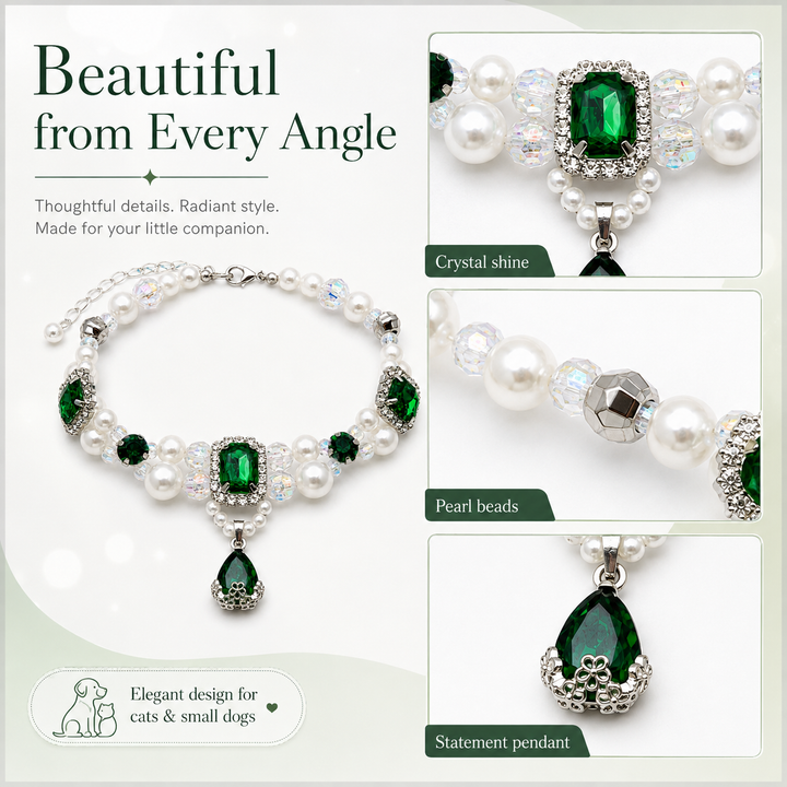 Emerald Pearl & Crystal Pet Necklace