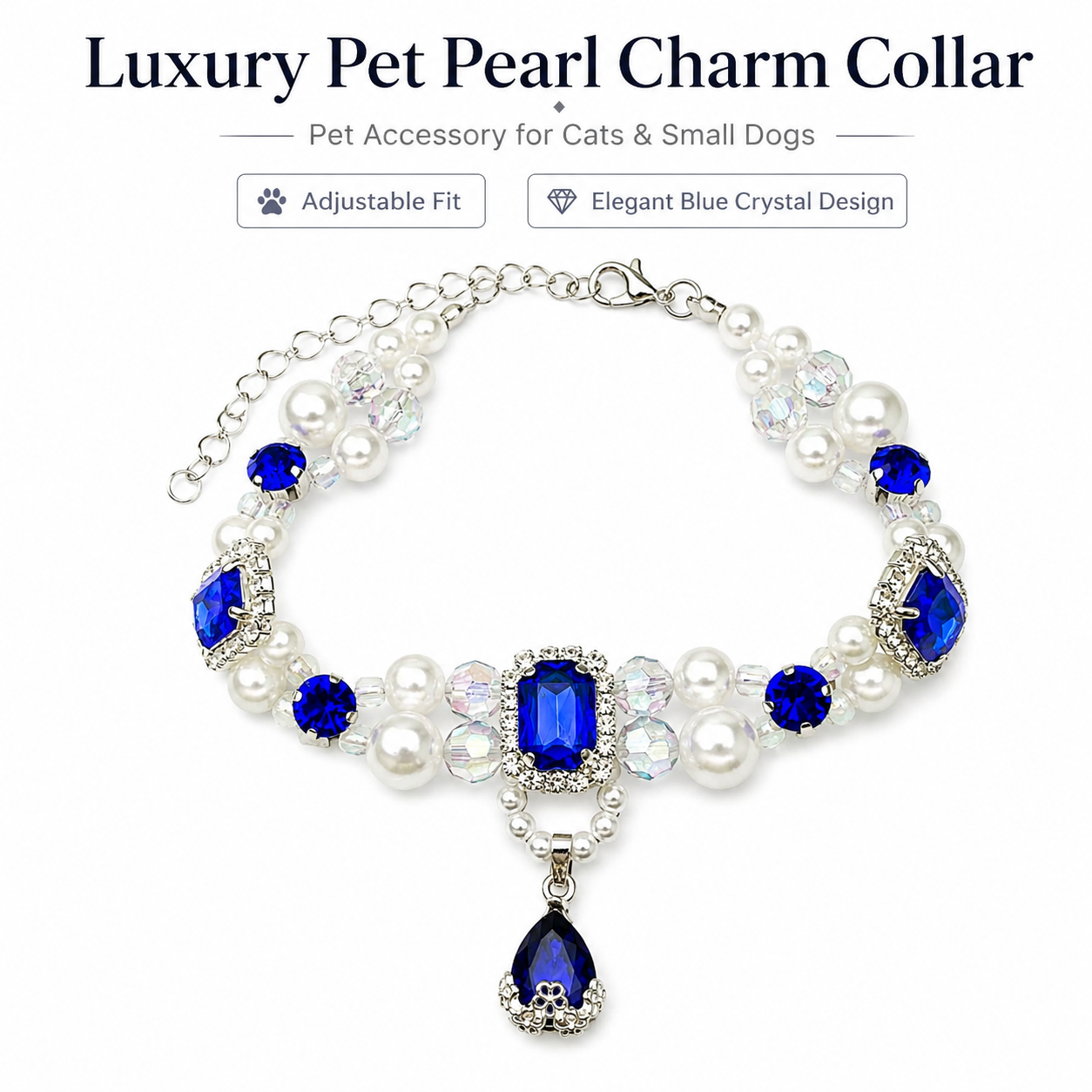 Adjustable Luxury Sapphire Pearl Pet Collar Bling Rhinestone Jewelry for Cats & Small Dogs