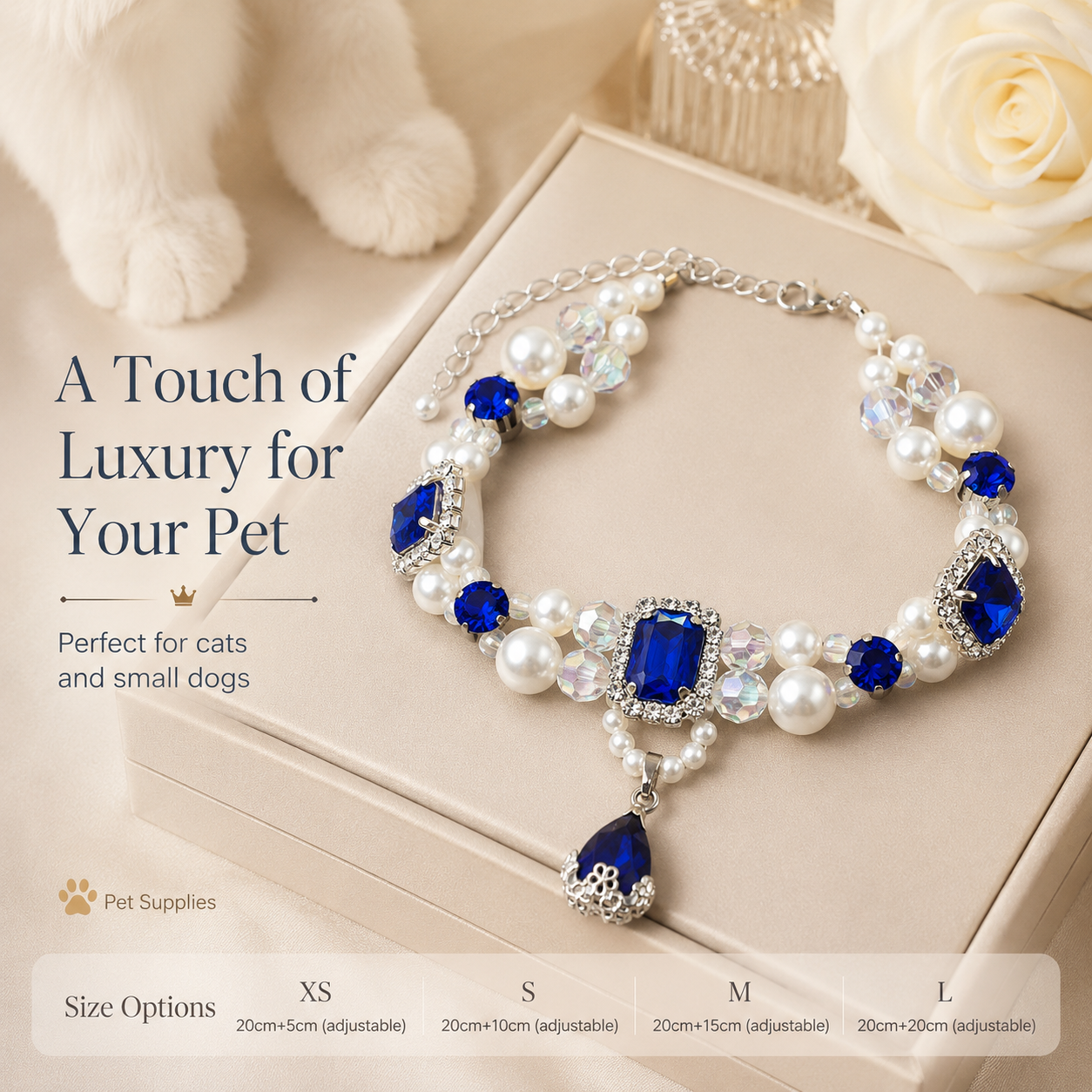 Adjustable Luxury Sapphire Pearl Pet Collar Bling Rhinestone Jewelry for Cats & Small Dogs