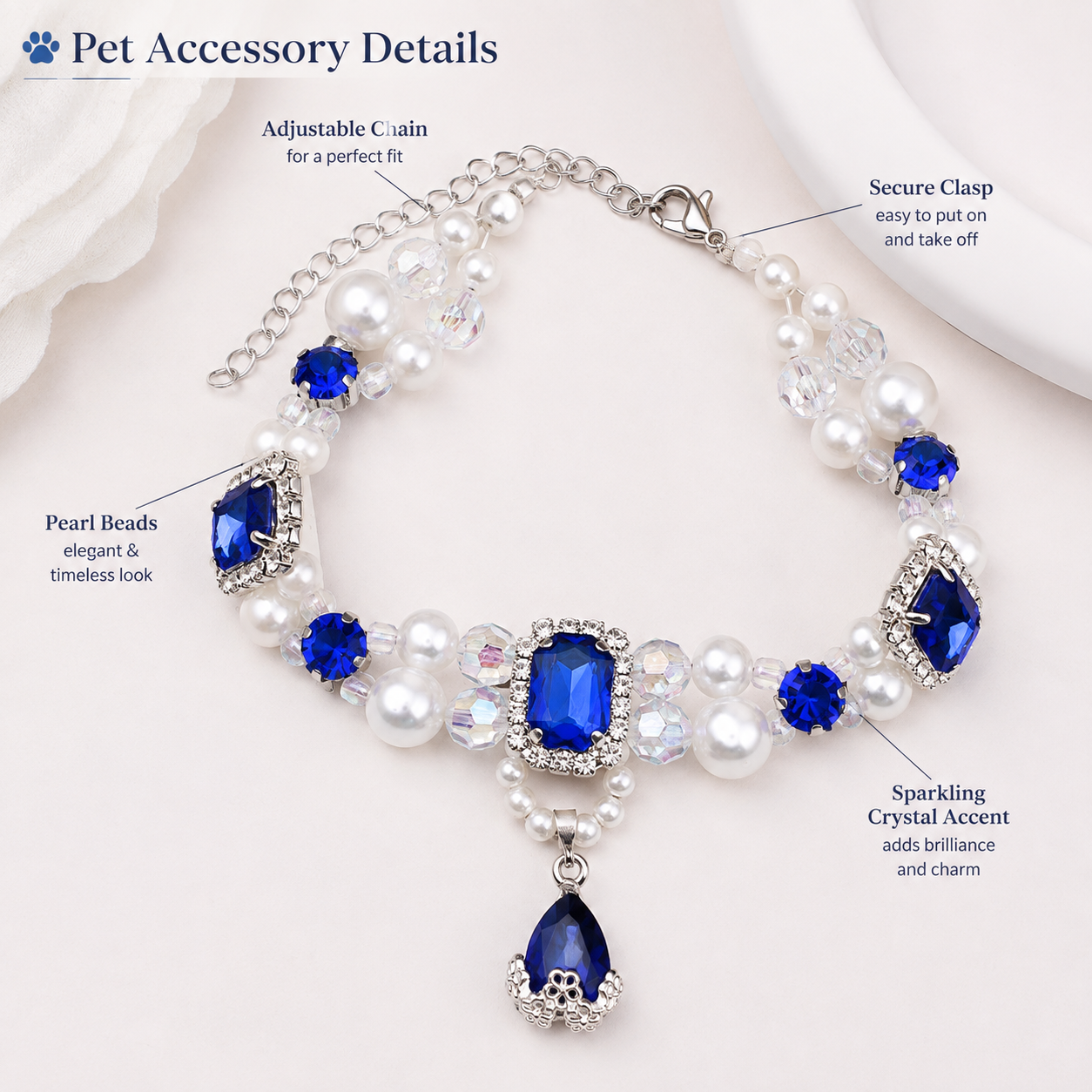 Adjustable Luxury Sapphire Pearl Pet Collar Bling Rhinestone Jewelry for Cats & Small Dogs