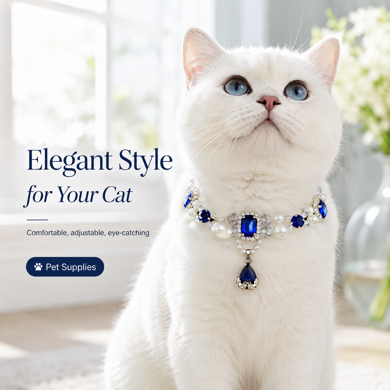 Adjustable Luxury Sapphire Pearl Pet Collar Bling Rhinestone Jewelry for Cats & Small Dogs