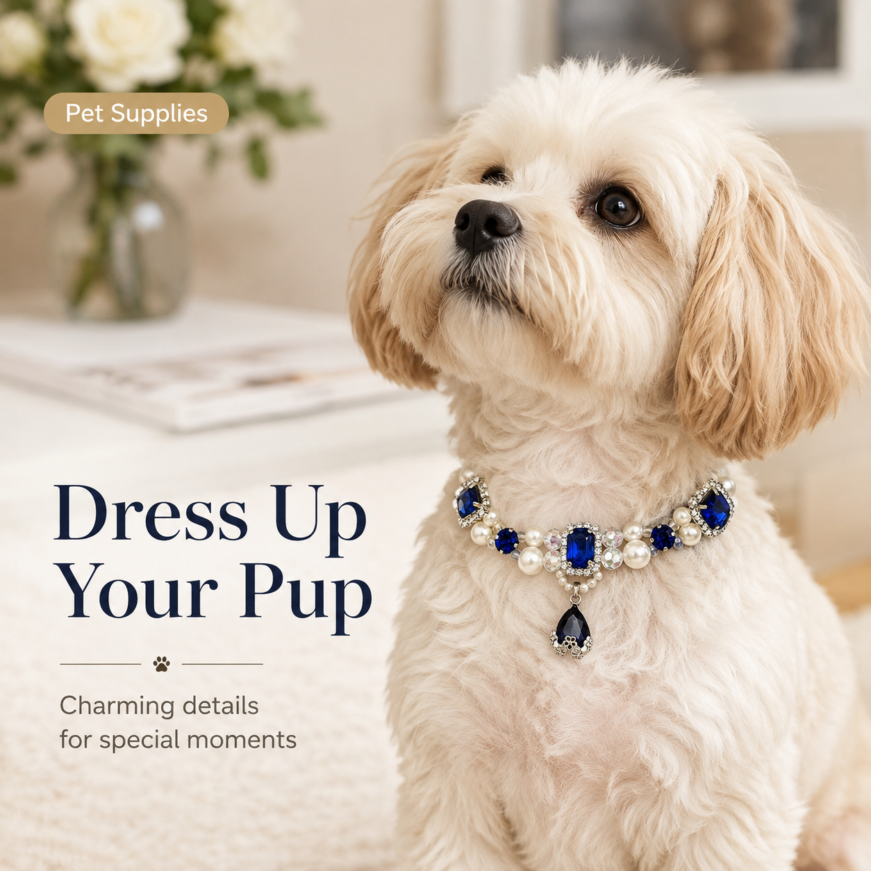 Adjustable Luxury Sapphire Pearl Pet Collar Bling Rhinestone Jewelry for Cats & Small Dogs
