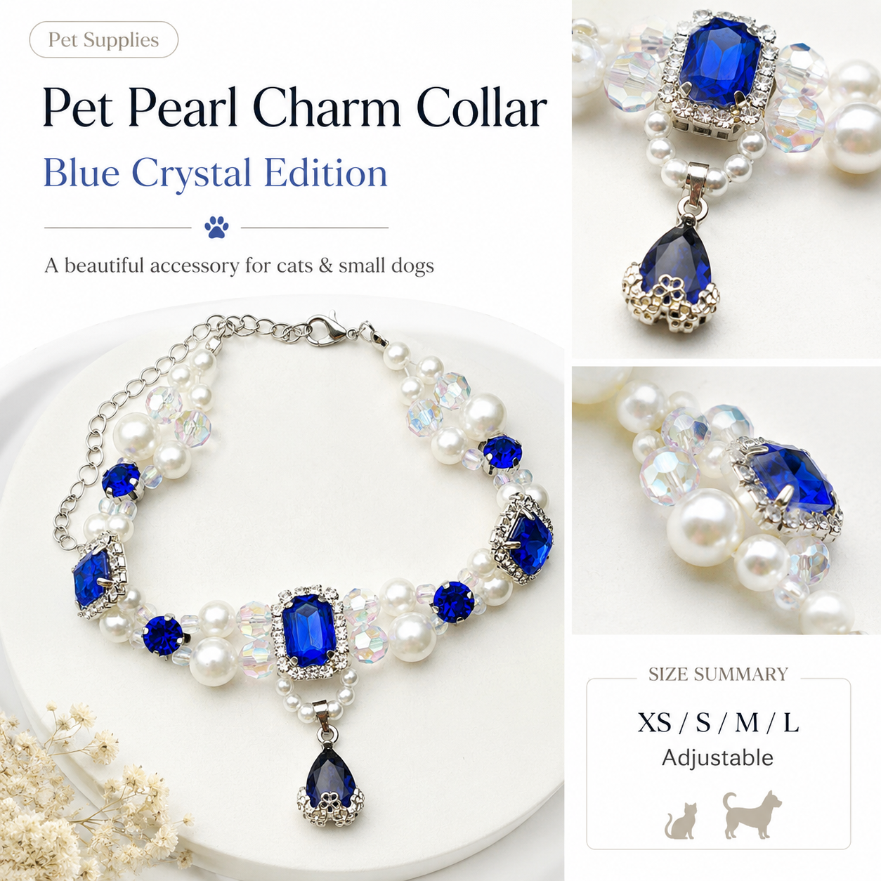 Adjustable Luxury Sapphire Pearl Pet Collar Bling Rhinestone Jewelry for Cats & Small Dogs