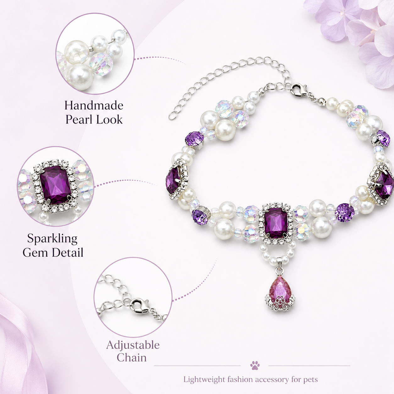Princess‑Style Handmade Beaded Collar for Kitten Yorkshire Maltese