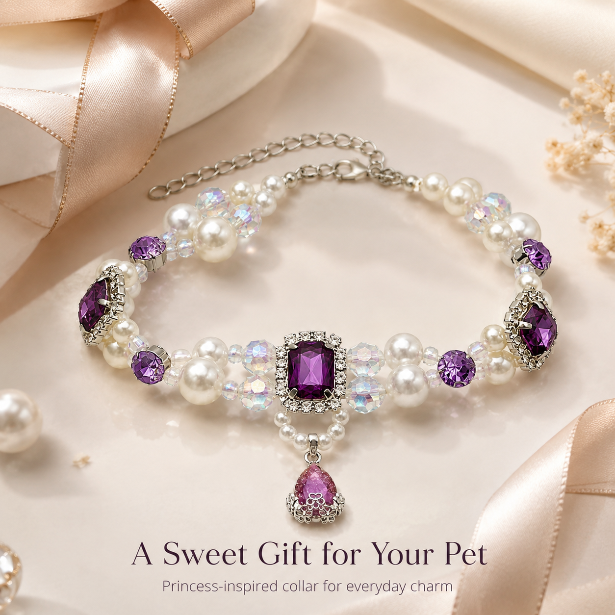Princess‑Style Handmade Beaded Collar for Kitten Yorkshire Maltese