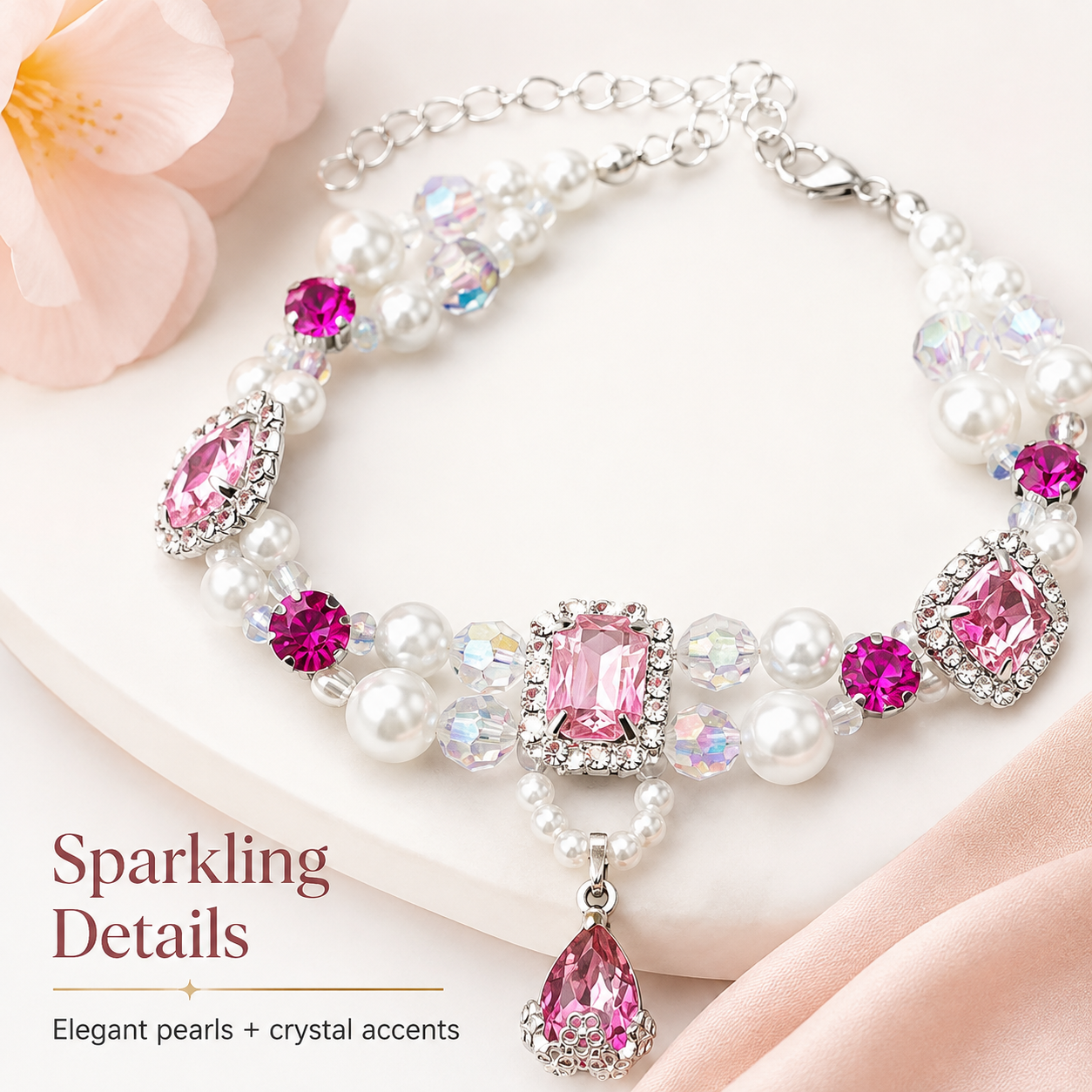 Luxury Pink Crystal Pearl Beaded Pet Collar for Cats Small Dogs