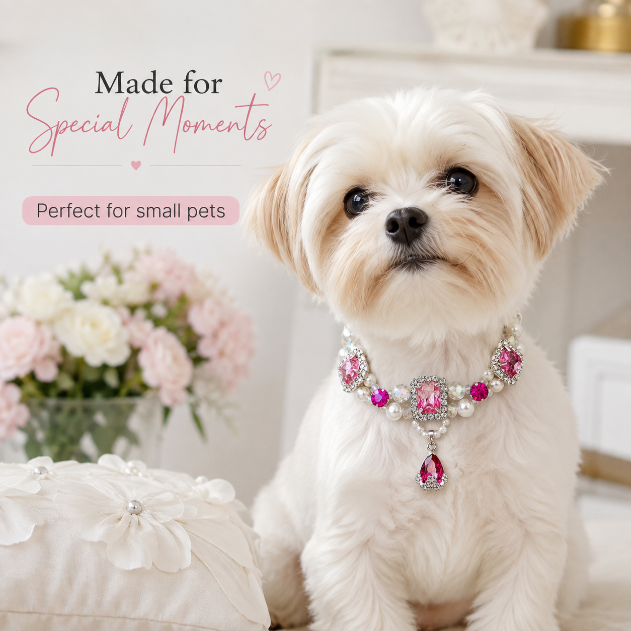 Luxury Pink Crystal Pearl Beaded Pet Collar for Cats Small Dogs