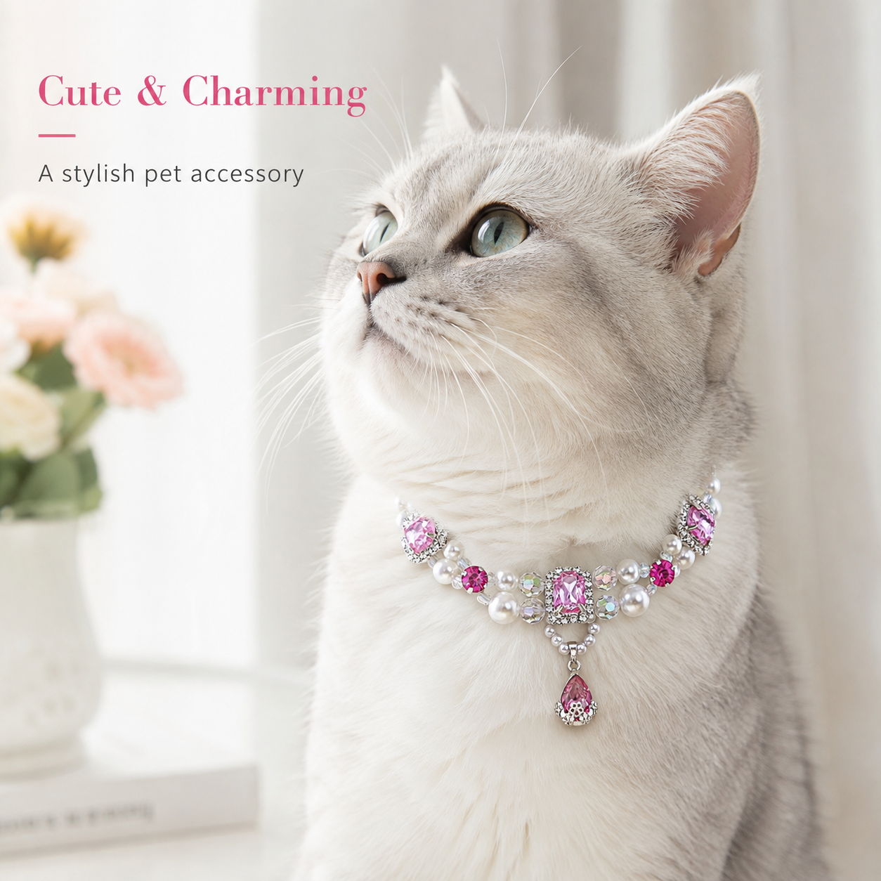 Luxury Pink Crystal Pearl Beaded Pet Collar for Cats Small Dogs