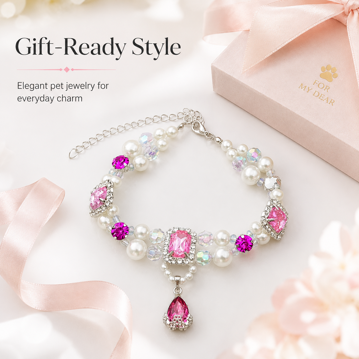 Luxury Pink Crystal Pearl Beaded Pet Collar for Cats Small Dogs