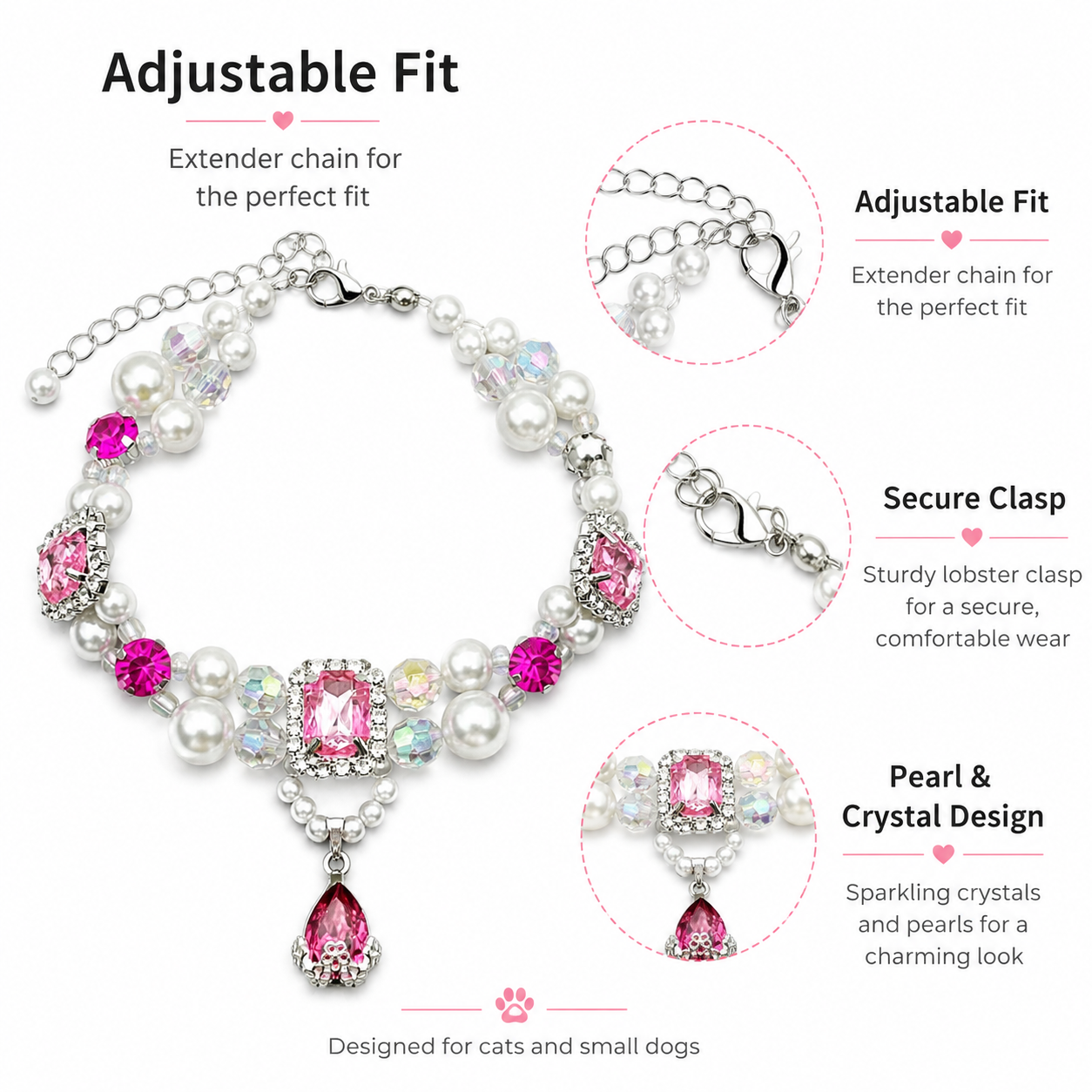 Luxury Pink Crystal Pearl Beaded Pet Collar for Cats Small Dogs