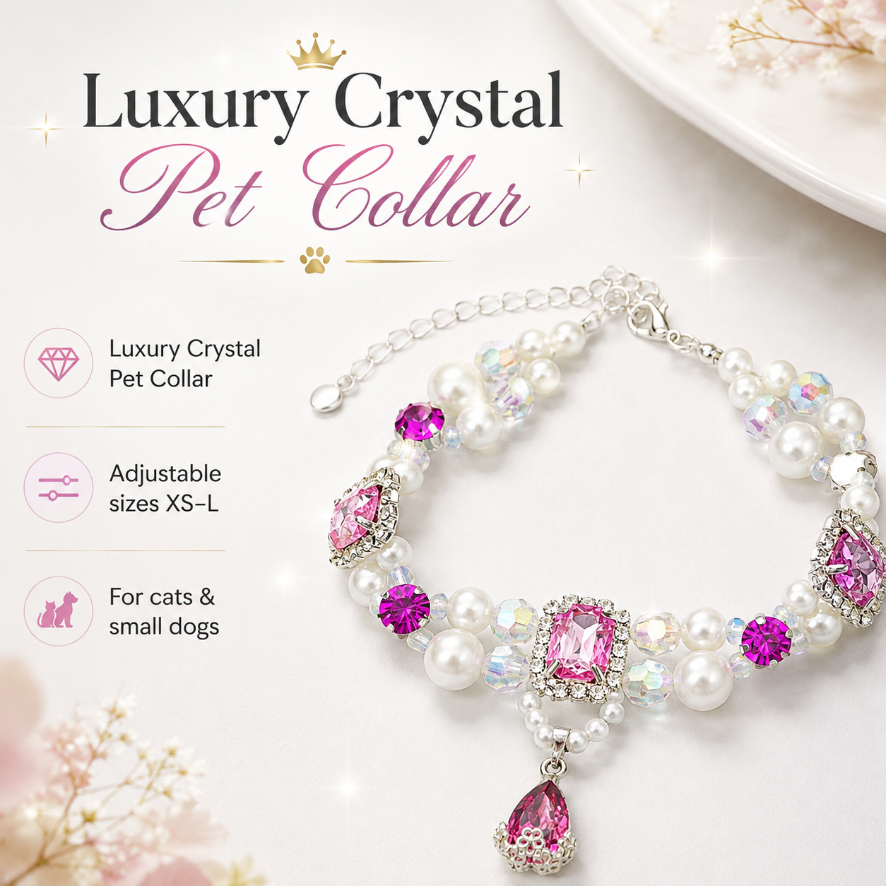 Luxury Pink Crystal Pearl Beaded Pet Collar for Cats Small Dogs
