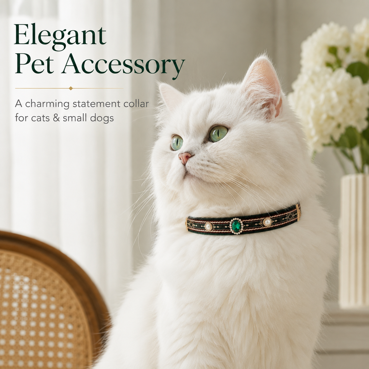 Elegant Retro Green Gem Decorative Adjustable Cat Collar