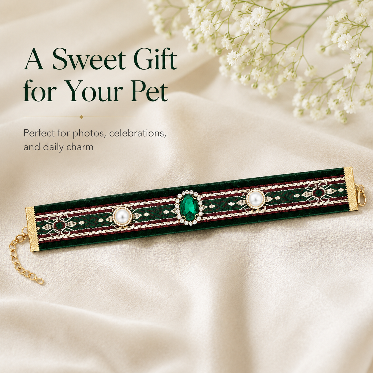 Elegant Retro Green Gem Decorative Adjustable Cat Collar
